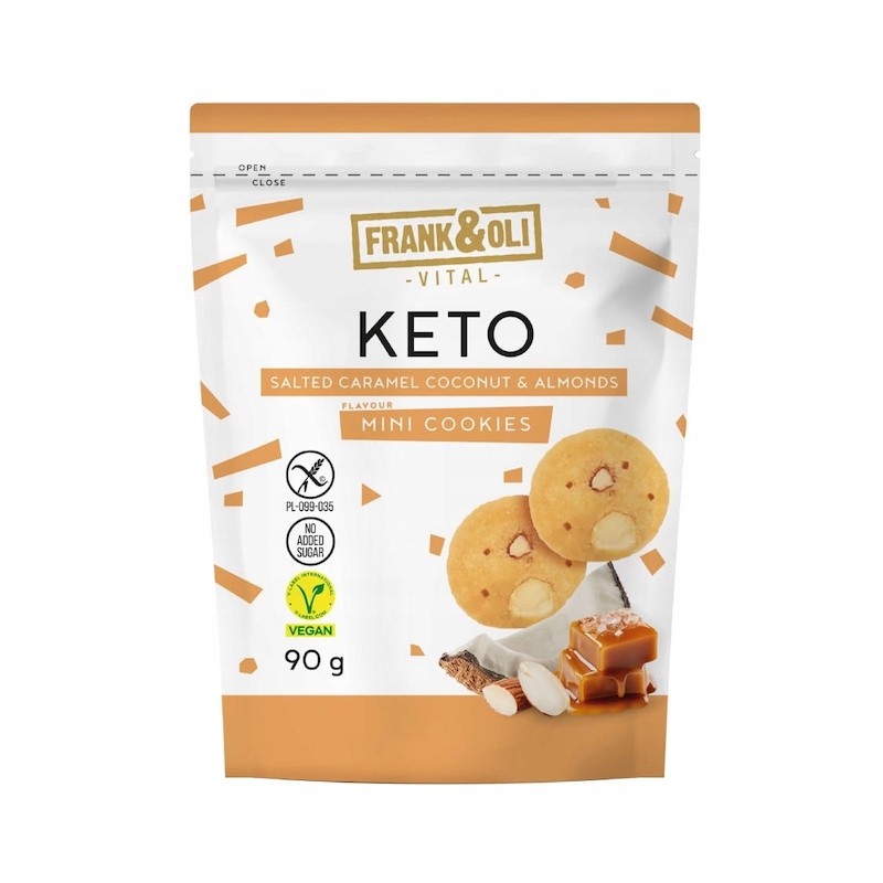 Mini Ciasteczka Keto o Smaku Słonego Karmelu, Kokosa i Migdałów Bez Dodatku Cukru Wegańskie Bezglutenowe 90g Frank & Oli
