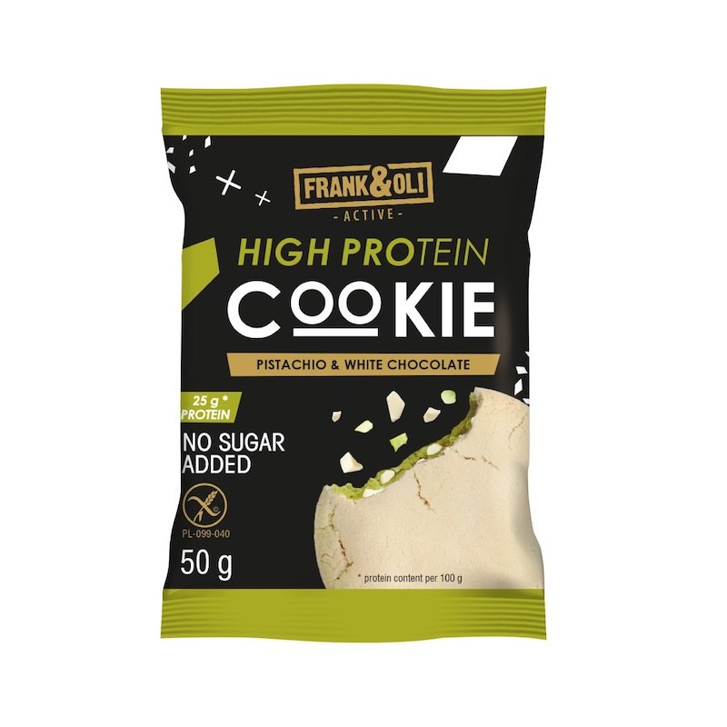 Ciasteczko High Protein Pistacja i Biała Czekolada, Bez Cukru Bezglutenowe 50g Frank & Oli