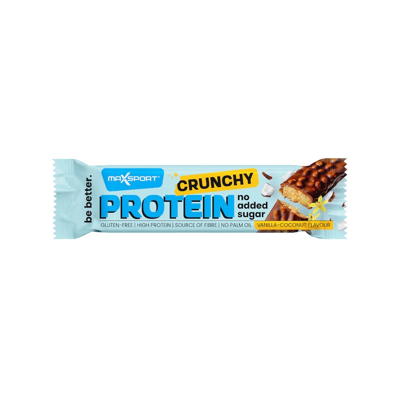 Baton Proteinowy Crunchy o Smaku Kokosa i Wanilii w Czekoladzie Mlecznej Bez Dodatku Cukrów Bezglutenowy 40g Maxsport
