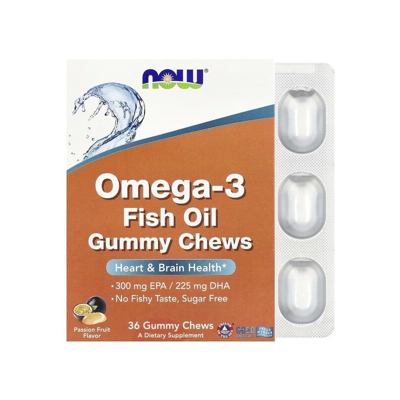 Żelki do Żucia z olejem rybim Omega-3 o smaku Marakui 36 sztuk NOW Foods