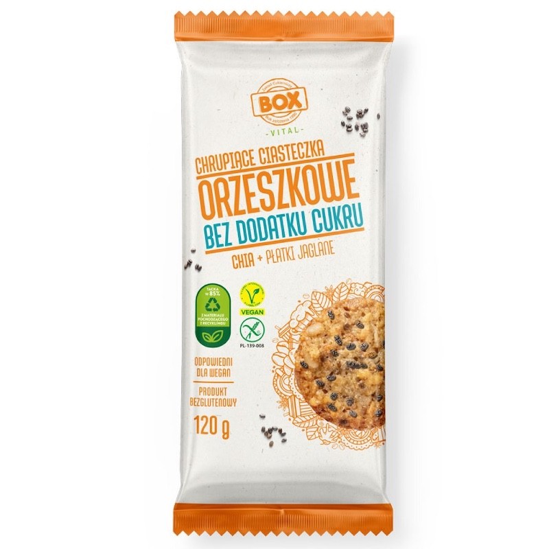Wegańskie Ciasteczka ORZESZKOWE Chia + Płatki Jaglane BEZGLUTENOWE 120g BOX VITAL