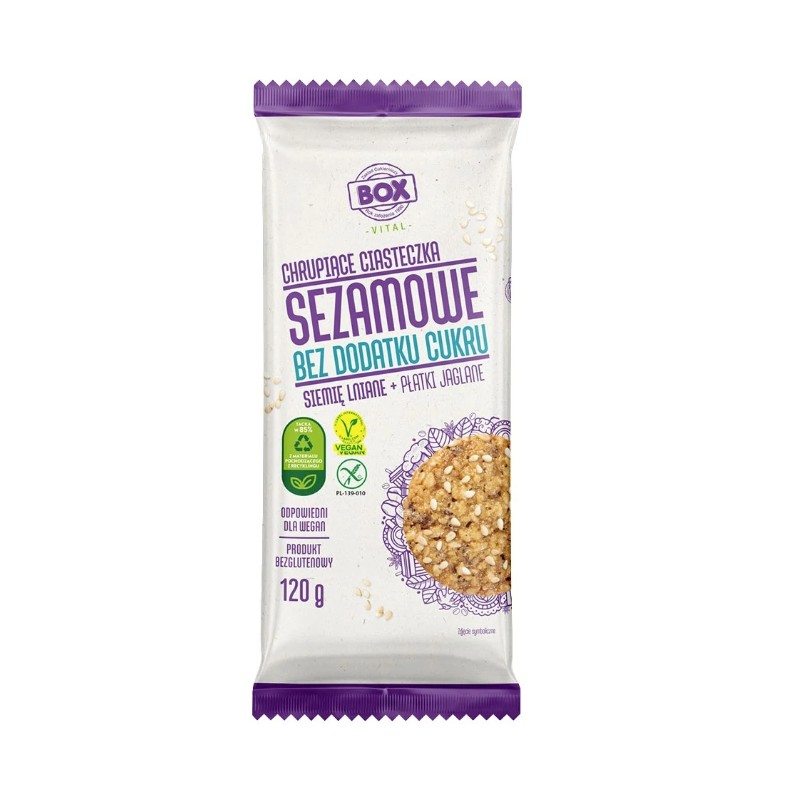 Wegańskie Ciasteczka Sezamowe Siemię Lniane i Płatki Jaglane, Bez Cukru, BEZGLUTENOWE 120g BOX VITAL