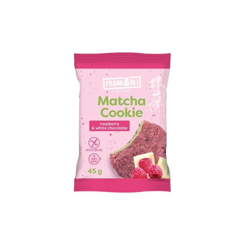 Ciasteczko Matcha, Malina i Biała Czekolada, Bez Cukru 45g Frank & Oli, bezglutenowe