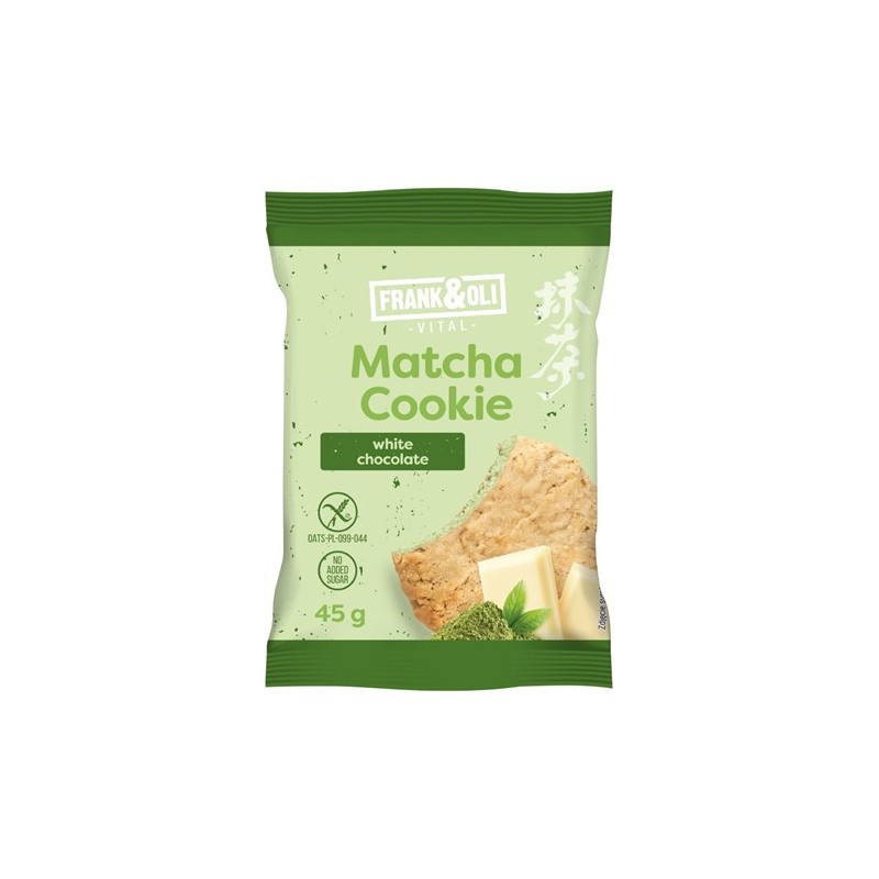 Gluten-Free Matcha COOKIE & White Chocolate 45g Frank & Oli, sugar free snack
