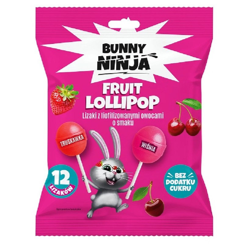Lollipops (Strawberry, Cherry) No Sugar x12 Bunny Ninja 120g