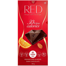 Dark Chocolate With Orange & Almonds 30% Less Calories No Sugar 100g Red