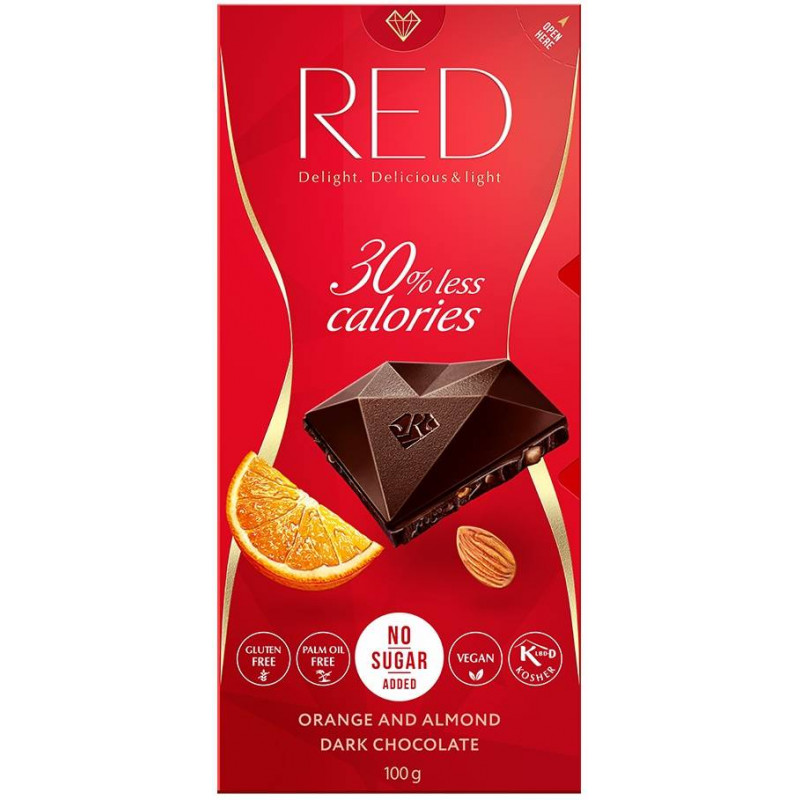 Dark Chocolate With Orange & Almonds 30% Less Calories No Sugar 100g Red