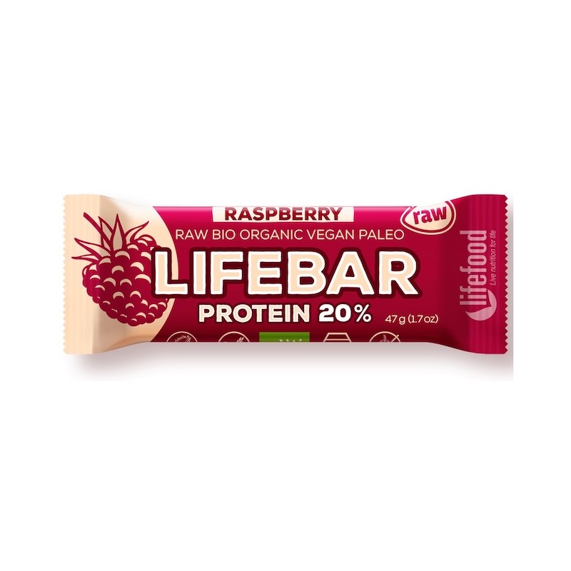 Organic Gluten-Free Protein Bar Raspberry No Sugar 47g Lifefood