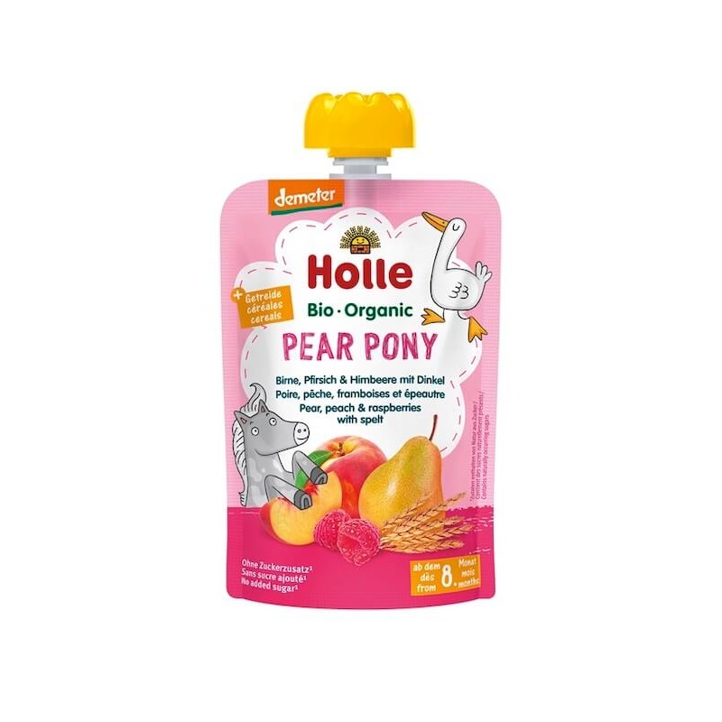 Organic Puree PEAR PONY Pear, Peach & Raspberry with Spelt From 6 Months No Sugar 100g Holle