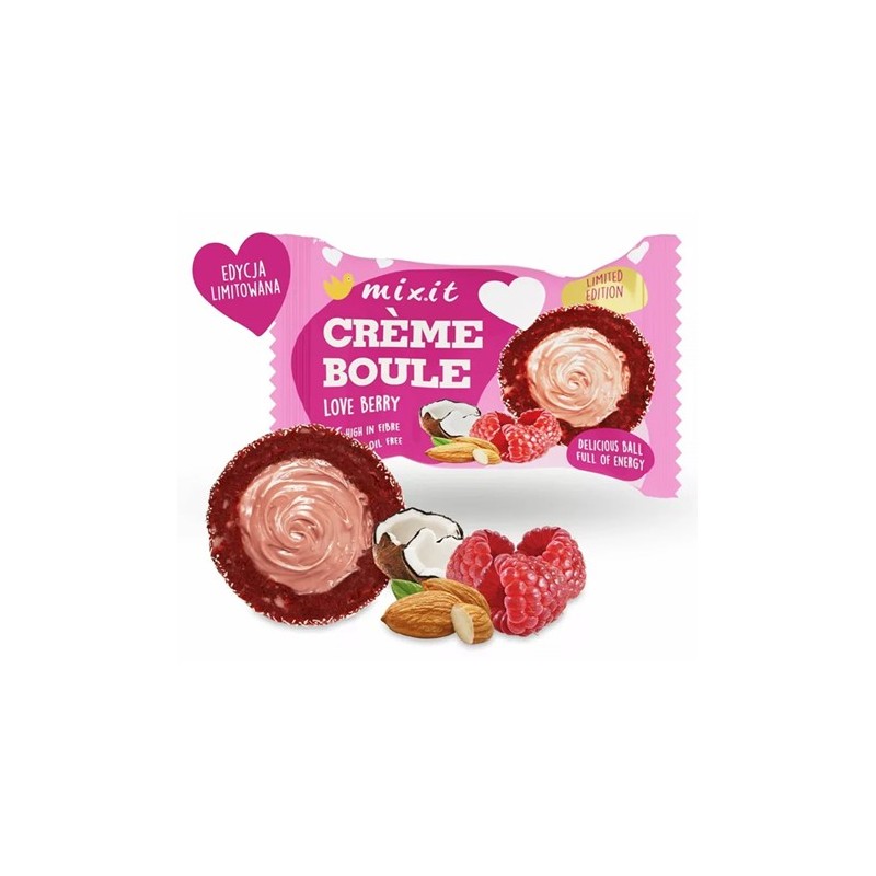 Crème Boule Love Berry Kulki Daktylowe z Liofilizowanymi Owocami Wypełnione Kremem Migdałowym 30g Mixit