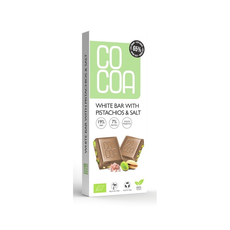 Tabliczka Biała z Pistacjami i Solą 60 % Mniej Cukru Wegańska BIO 40g Cocoa