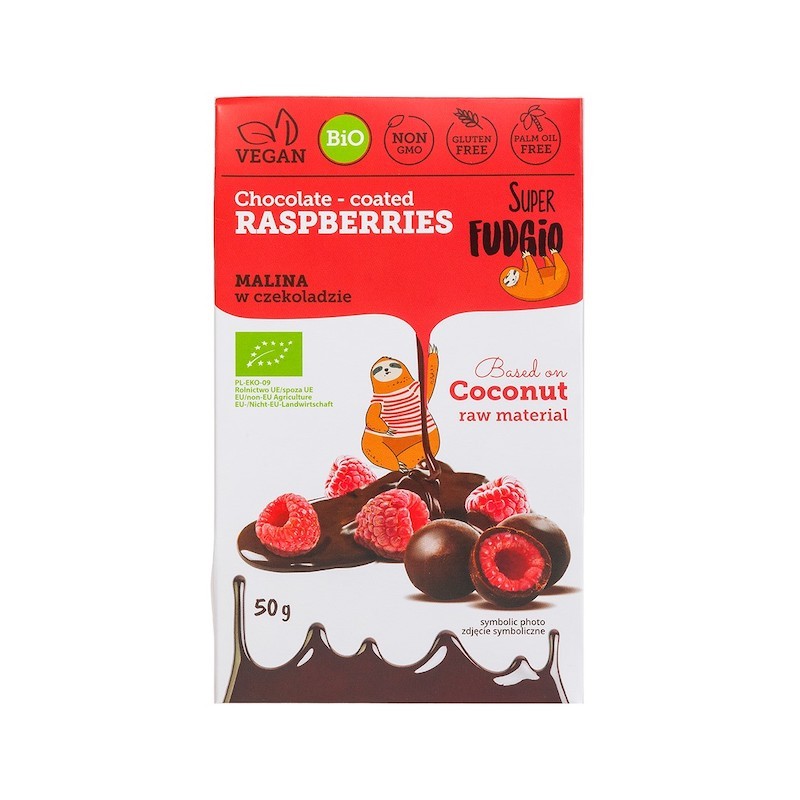 Organic Gluten-Free Freeze Dried Raspberries Chocolate Coated 50g Super Fudgio