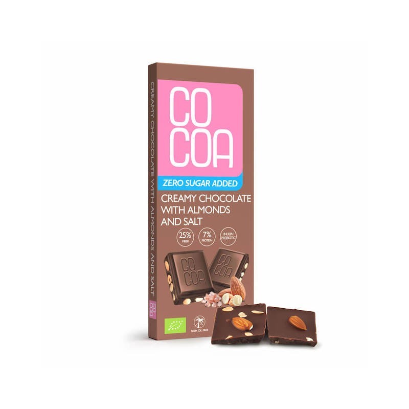 Organic Vegan Creamy Chocolate With Almonds & Salt No Sugar 40g Cocoa