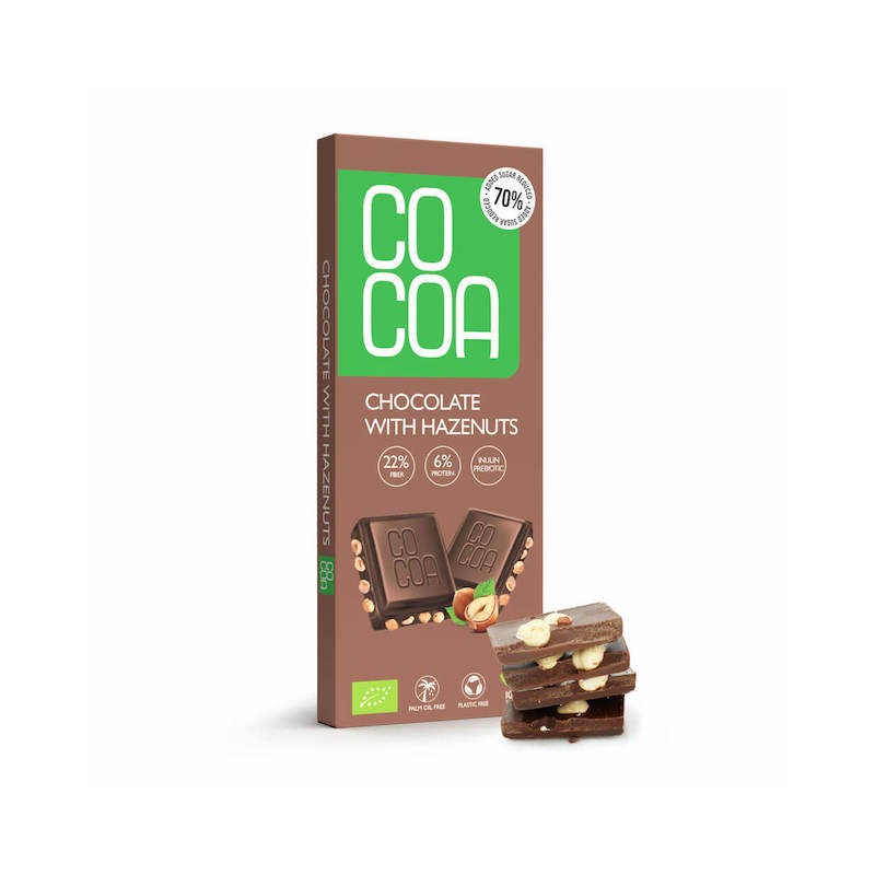 Organic Hazelnut Chocolate Reduced Sugar 70% 40g Cocoa