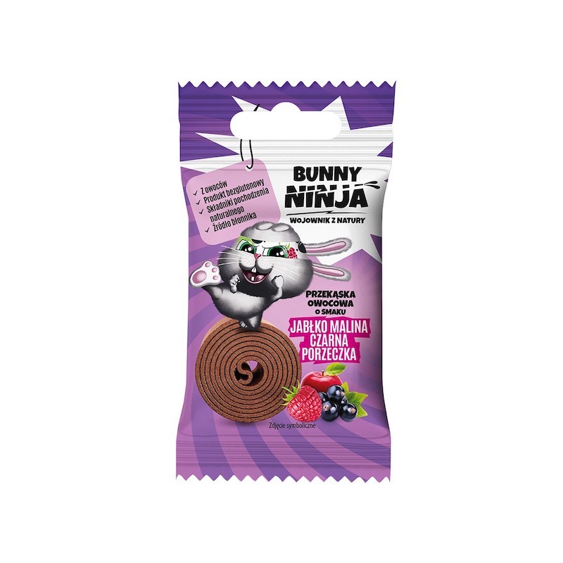 Przekąska Owocowa Bunny Ninja Jabłko Malina Porzeczka Bez Dodatku Cukru Bez Glutenu 15g Bunny Ninja