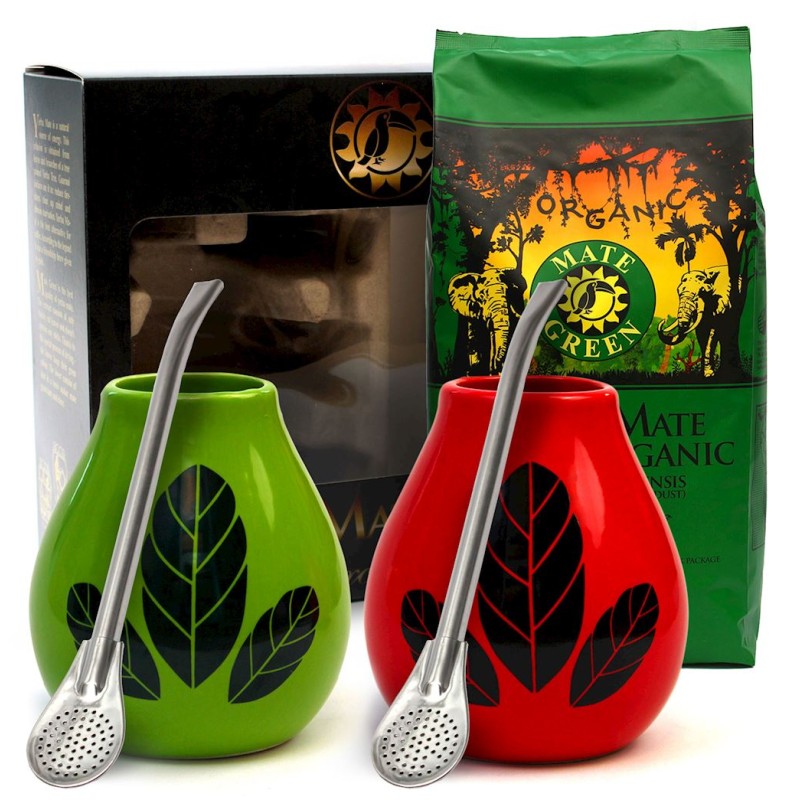 Organic Yerba Mate 400g Set for Two, 2 x Matero (Random Pattern), 2 x Bombilla |4ecoshop