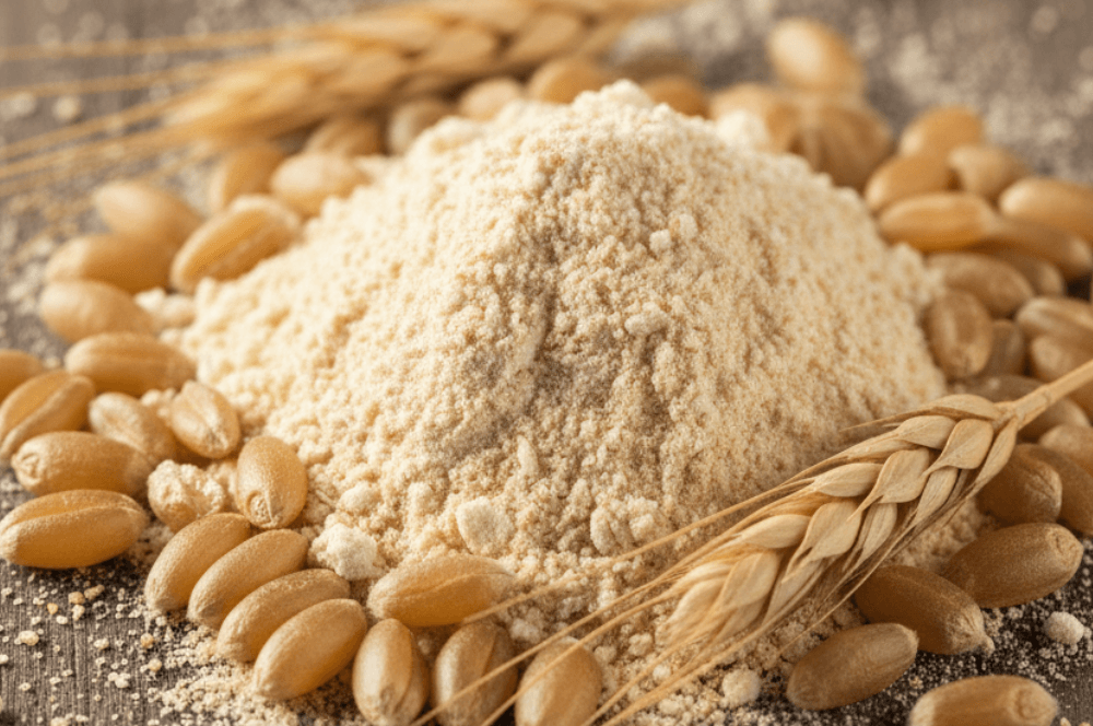 Einkorn flour in a bowl with freshly baked bread made from ancient grain