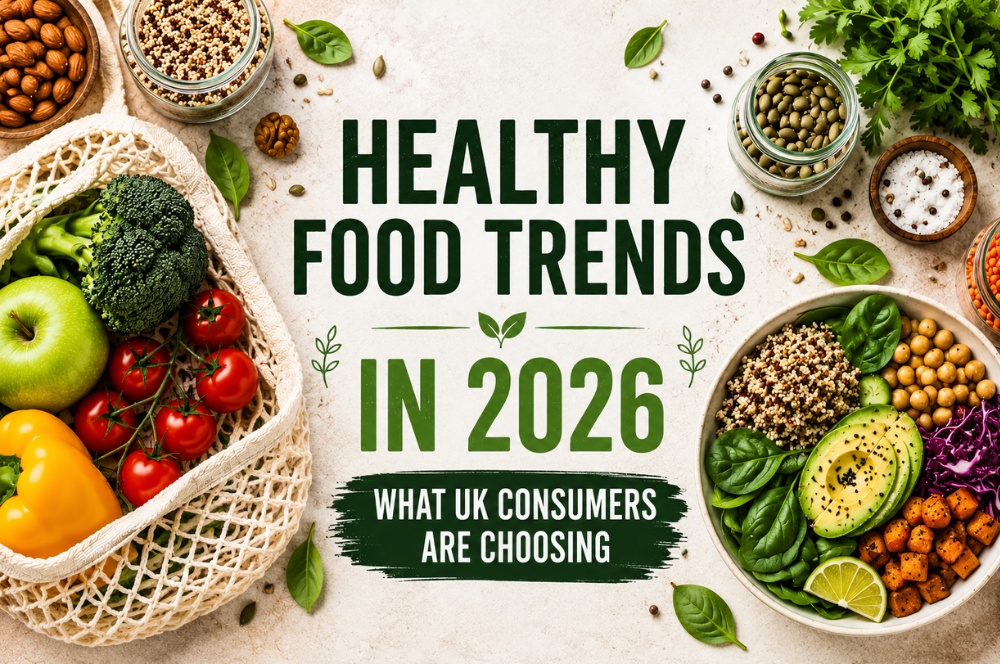 Healthy food trends in 2026 featuring fresh vegetables, fruit, plant-based foods and healthy eating